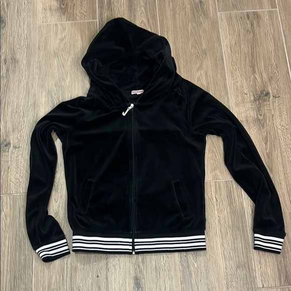 Juicy Couture Jacket Black Velour Zip-Up Vintage Y2K Track Bling Stripe Hoodie - Picture 7 of 13